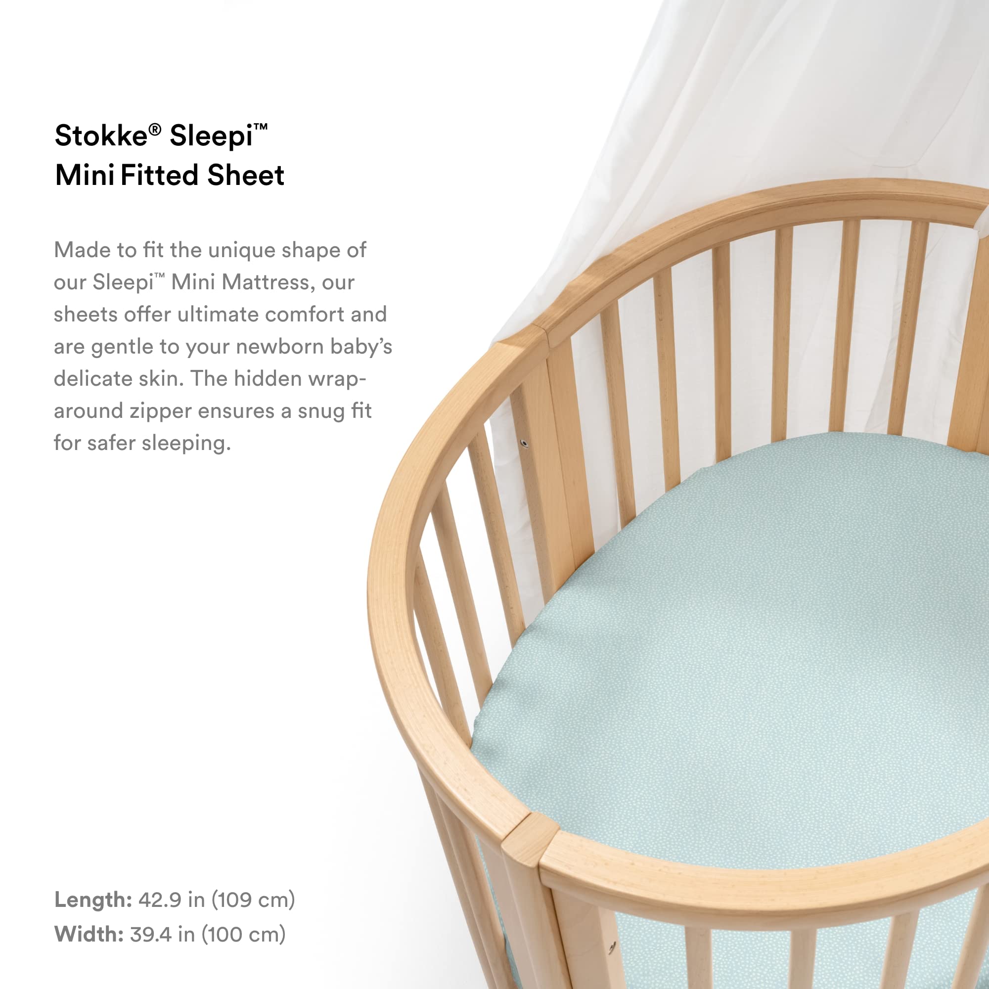 Stokke Sleepi Mini Fitted Sheet, Dots Sage - Soft Sheets for Sweet Dreams - Made for The Oval Sleepi Mini Mattress - Safe, Stylish & Washable - 100% Fine Cotton Percale