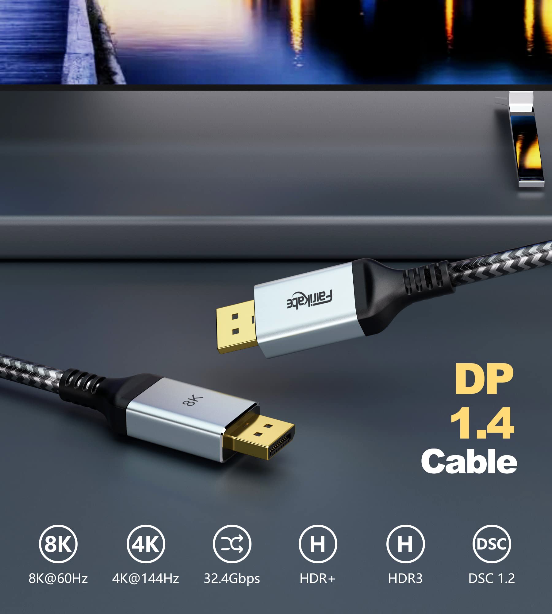 fairikabe DisplayPort 1.4 Cable, DP 8K Cable 6.6ft (8K@60Hz, 4K@144Hz, 2K@240Hz), Display Port Cable 1.4 Support 32.4Gbit/s, HDR 10, HBR3, FreeSync, G-sync, DSC1.2