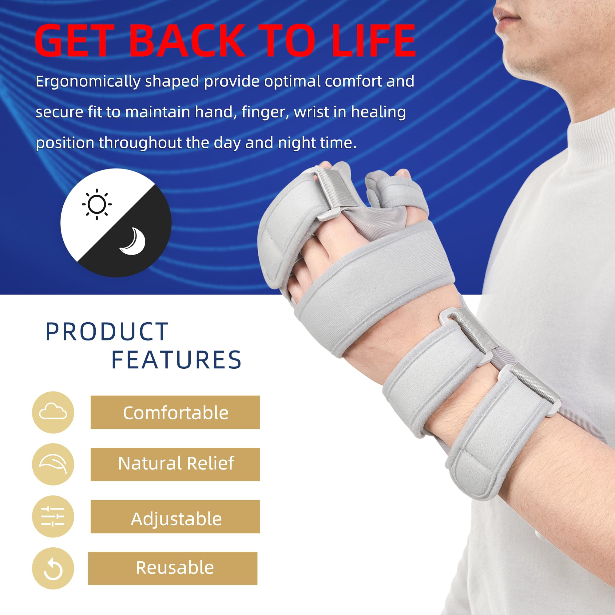 Fanwer Stroke Resting Hand Splint - Night Immobilizer Wrist Finger Brace for Flexion Contractures, Functional 5 Finger Stabilizer Wrap - for Muscle Atrophy Rehab, Arthritis, Carpal Tunnel Pain(Grey)