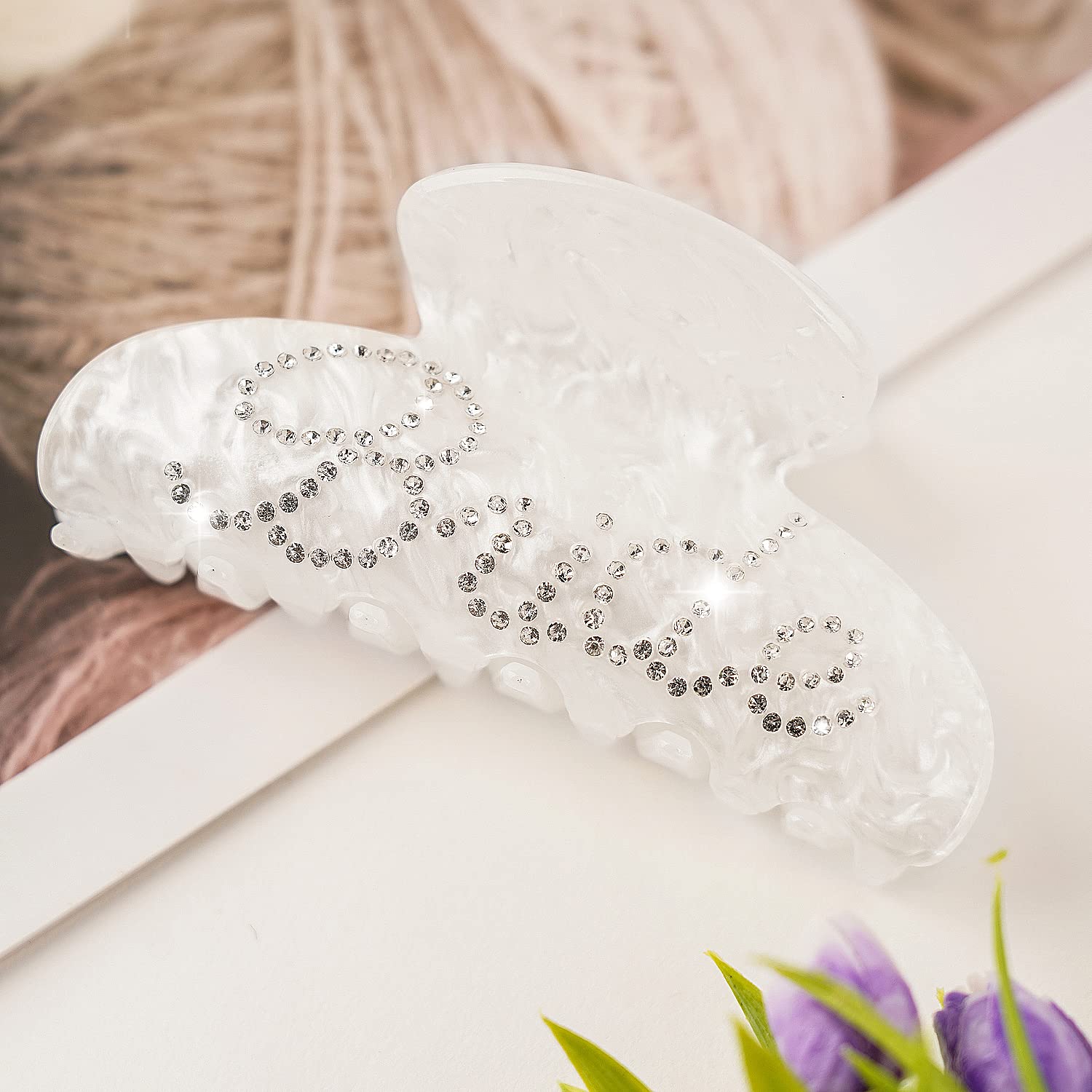 Saliyaa Bride Hair Clip - White Acrylic Hair Clip with Double-Side Bride Logo (4 inches) - Wedding Gift for Bride, Bridal Shower, Bachelorette Party Decorations Accessory - Rhinestone, Classy, Female