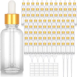 Nuogo 100 Pieces Glass Dropper Bottles 1 oz Essential Oil Dropper Bottles with Labels and Funnels Golden Caps Empty Tincture Bottles Perfume Cosmetic Travel Liquid Containers with Droppers (Clear)