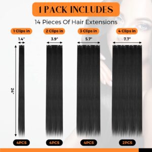 Jexine 14 Pieces Clip in Hair Extensions Long Straight Hair Pieces 24 Inch 260g Hair Extensions High Temperature Synthetic Fiber Double Weft Soft Hair for Halloween Women Full Head(Black)