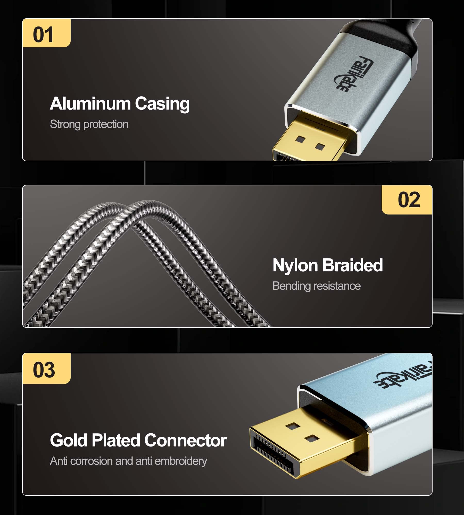 fairikabe DisplayPort 1.4 Cable, DP 8K Cable 6.6ft (8K@60Hz, 4K@144Hz, 2K@240Hz), Display Port Cable 1.4 Support 32.4Gbit/s, HDR 10, HBR3, FreeSync, G-sync, DSC1.2