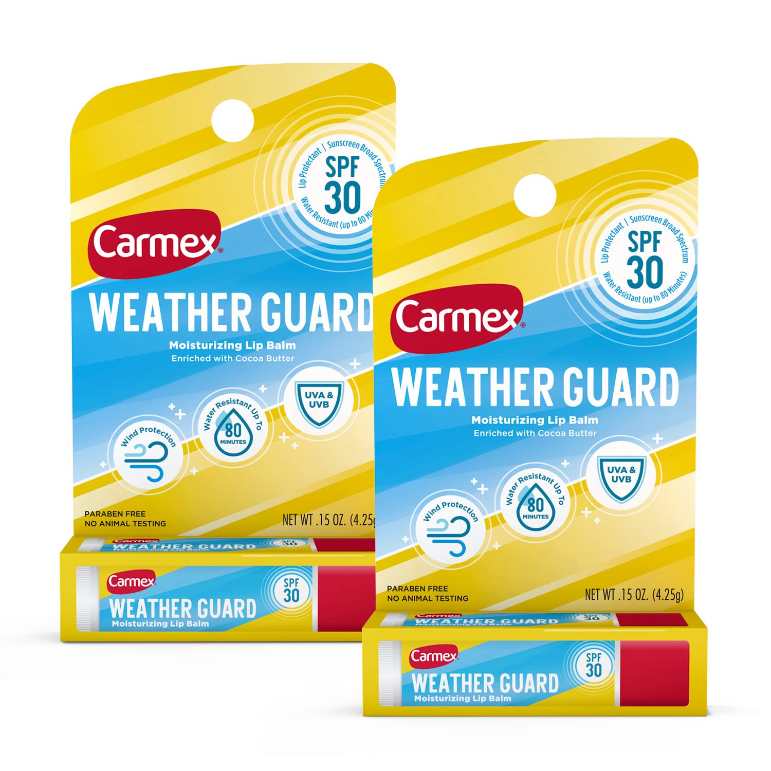 Carmex Weather Guard Moisturizing Lip Balm Stick with SPF 30, 0.15 Oz, 2 Pack