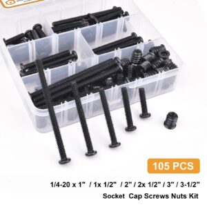 VIGRUE 105PCS 1/4-20 SAE Screws Bolt, Black Alloy Steel Hex Socket Cap Bolts Barrel Nuts Assortment Kit for Baby Bed Furniture Hardware Cots Chairs 1/4-20x1" to 1/4-20x3-1/2"