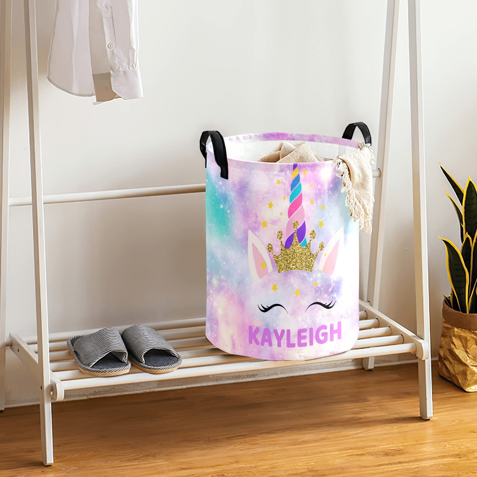 Unicorn Laundry Basket Personalized Laundry Hamper Custom with Name for Girl Rainbow Collapsible Waterproof Storage Basket with Handles (Cute unicorn)