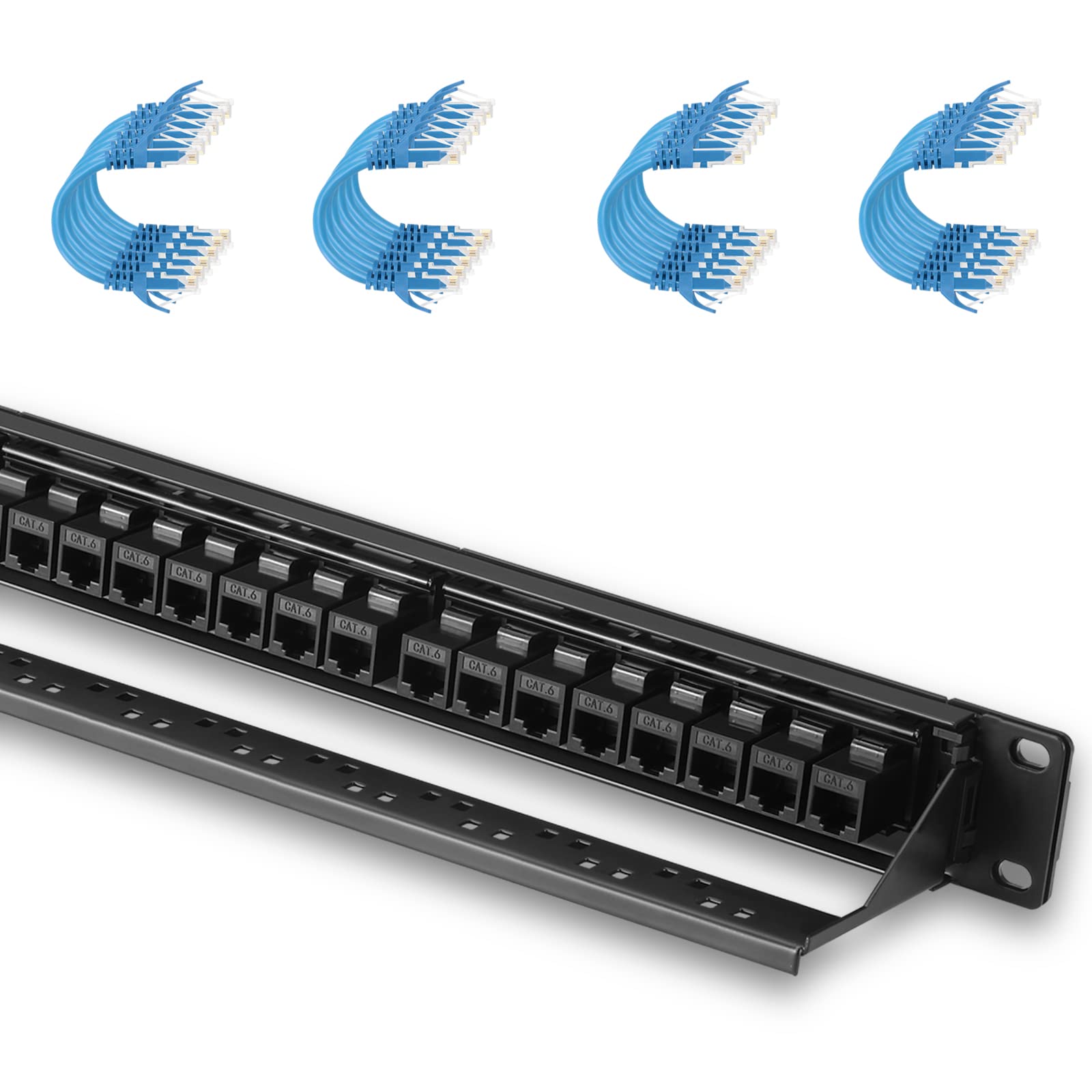 Rapink Patch Panel 24 Port Cat6 Bundle with Patch Cables Cat6 1ft 24 Pack blue