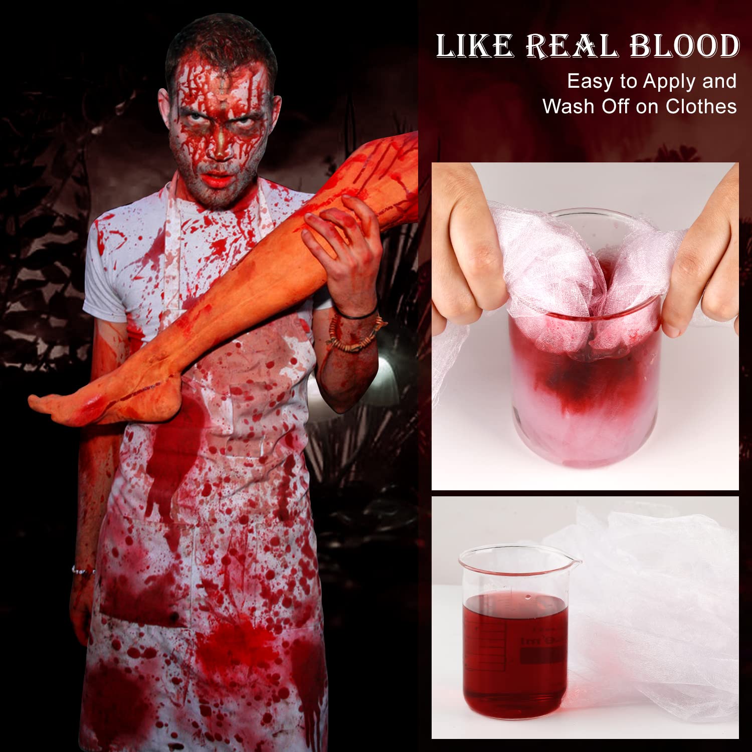 Fake Blood Spray Splatter + Fake Scabs Coagulated Blood Gel + Stipple Sponge, Washable Fake Blood for Clothes Eyes Face Skin, Fake Blood Makeup Kit for Halloween Vampire, Zombie and Sfx Wound