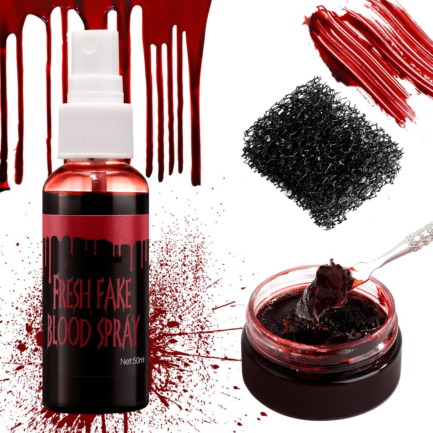 Fake Blood Spray Splatter + Fake Scabs Coagulated Blood Gel + Stipple Sponge, Washable Fake Blood for Clothes Eyes Face Skin, Fake Blood Makeup Kit for Halloween Vampire, Zombie and Sfx Wound