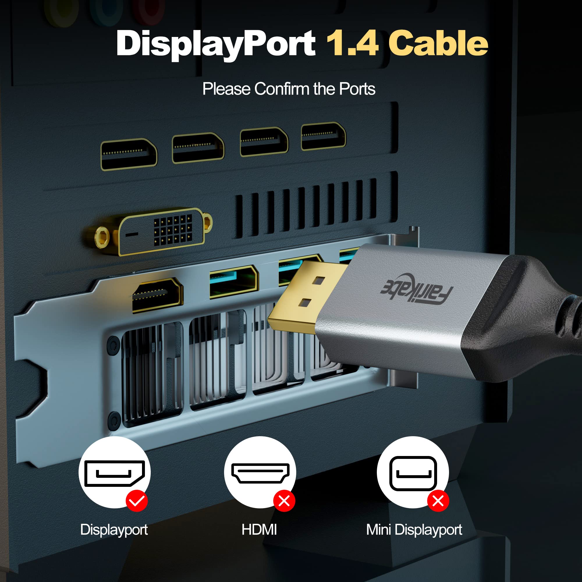 fairikabe DisplayPort 1.4 Cable, DP 8K Cable 6.6ft (8K@60Hz, 4K@144Hz, 2K@240Hz), Display Port Cable 1.4 Support 32.4Gbit/s, HDR 10, HBR3, FreeSync, G-sync, DSC1.2