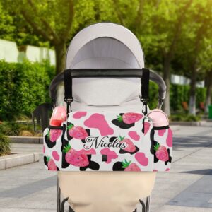 RunningBear Custom Cow Strawberry Universal Baby Stroller Organizer Personalized Stroller Caddy with Cup Holders Customized Universal Stroller Caddy for Mom Dad