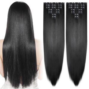 jexine 14 pieces clip in hair extensions long straight hair pieces 24 inch 260g hair extensions high temperature synthetic fiber double weft soft hair for halloween women full head(black)