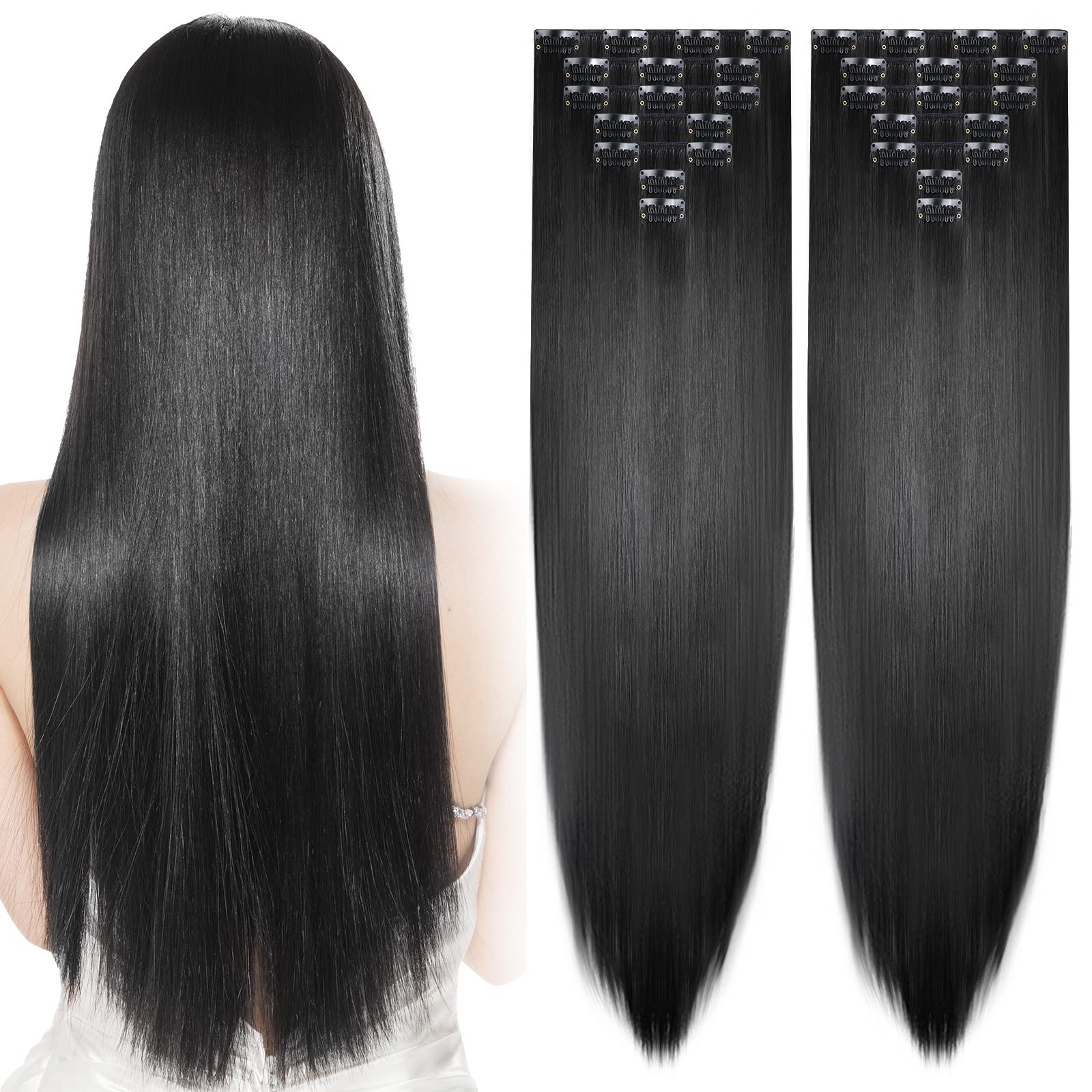 Jexine 14 Pieces Clip in Hair Extensions Long Straight Hair Pieces 24 Inch 260g Hair Extensions High Temperature Synthetic Fiber Double Weft Soft Hair for Halloween Women Full Head(Black)