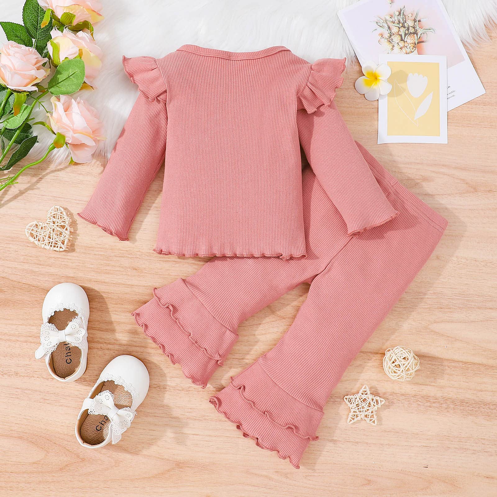 Clothes for Baby Girls Infant Girls Long Sleeve Solid Ribbed Tops and Ruffles Flare Pants Outfits Pink