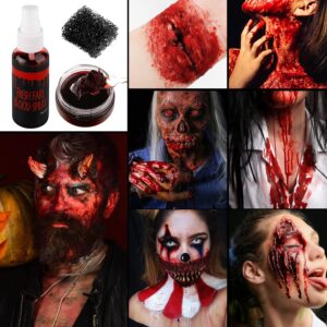 Fake Blood Spray Splatter + Fake Scabs Coagulated Blood Gel + Stipple Sponge, Washable Fake Blood for Clothes Eyes Face Skin, Fake Blood Makeup Kit for Halloween Vampire, Zombie and Sfx Wound