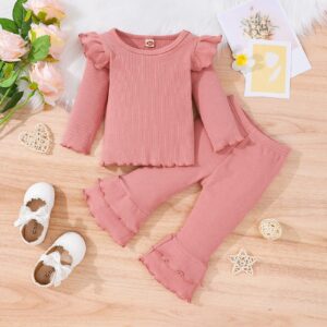 Clothes for Baby Girls Infant Girls Long Sleeve Solid Ribbed Tops and Ruffles Flare Pants Outfits Pink