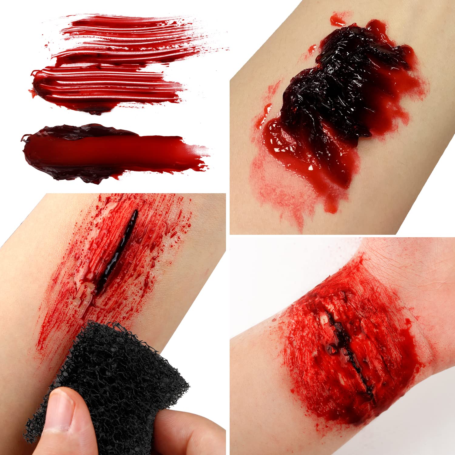 Fake Blood Spray Splatter + Fake Scabs Coagulated Blood Gel + Stipple Sponge, Washable Fake Blood for Clothes Eyes Face Skin, Fake Blood Makeup Kit for Halloween Vampire, Zombie and Sfx Wound