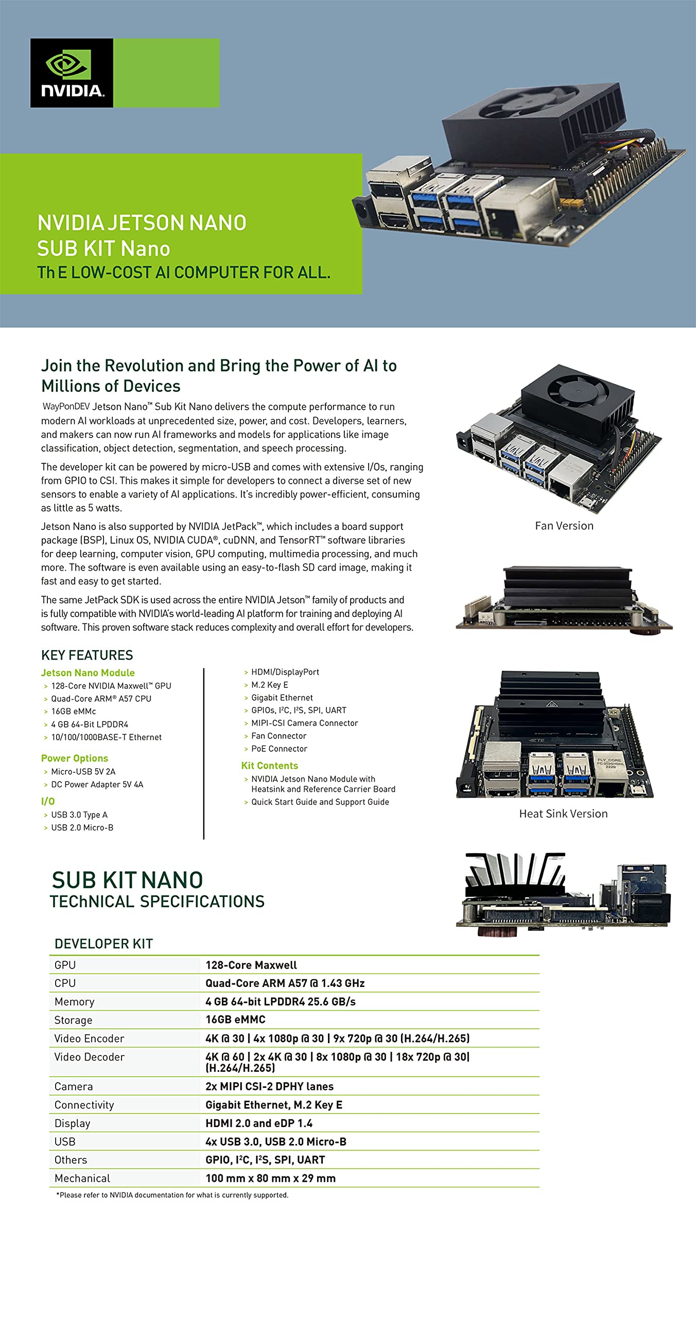 Jetson Nano 4GB RAM 16G eMMC onboard for AI Robotics Machine Learning (Heat Sink Version)