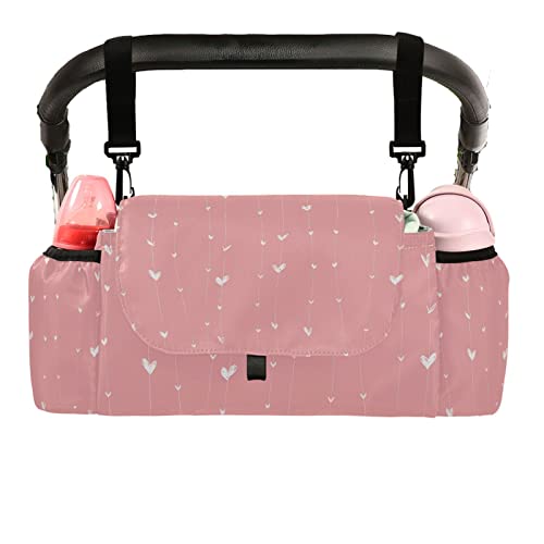 Sinestour Pink Hearts Stroller Organizer with Cup Holder Universal Stroller Organizer Bag Detachable Shoulder Strap Stroller Accessories for Diaper Toys Phone Keys Fit All Baby Stroller