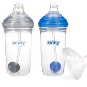 Nuby Tritan No-Spill Trainer Cup with Silicone Spout & 360 Weighted Straw with Hygienic Cover, 2 Pack (Blue, Gray)