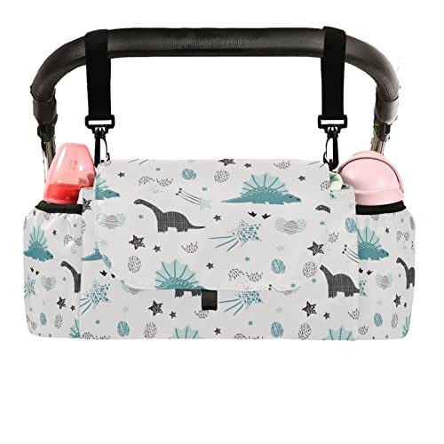 Sinestour Cute Dinosaur Cartoon Stroller Organizer with Cup Holder Universal Stroller Organizer Bag Detachable Shoulder Strap Stroller Accessories for Diaper Phone Keys Toys Fit All Baby Stroller