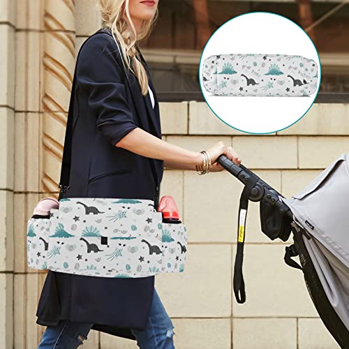 Sinestour Cute Dinosaur Cartoon Stroller Organizer with Cup Holder Universal Stroller Organizer Bag Detachable Shoulder Strap Stroller Accessories for Diaper Phone Keys Toys Fit All Baby Stroller