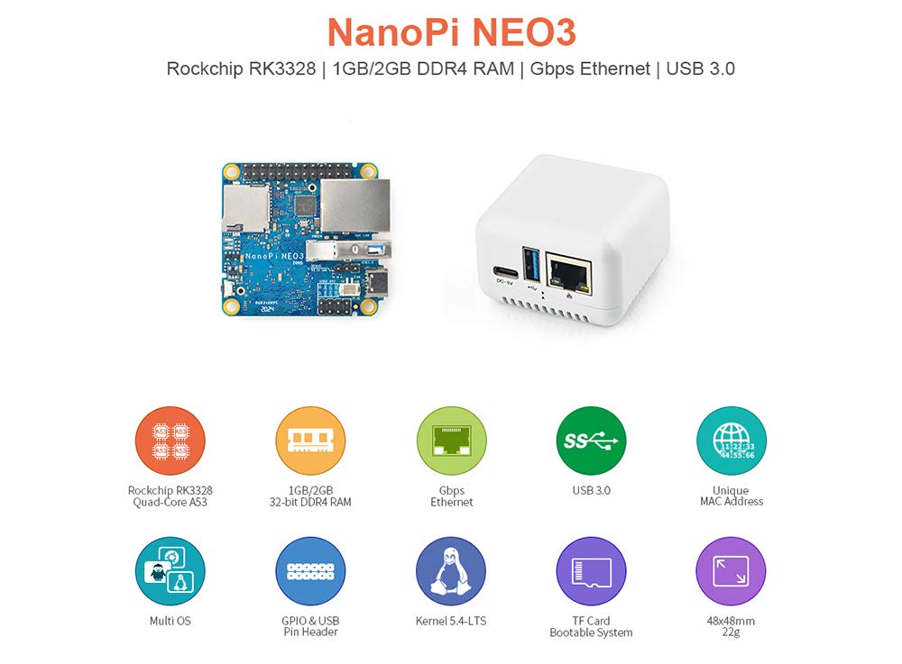 WayPonDEV NanoPi NEO3-LTS Mini Router Single Board Computer Rockchip RK3328 1GB Super Tiny ARM Board for IOT Smart Home Gateway Support FriendlyWrt Ubuntu (with Case and Heat Sink)