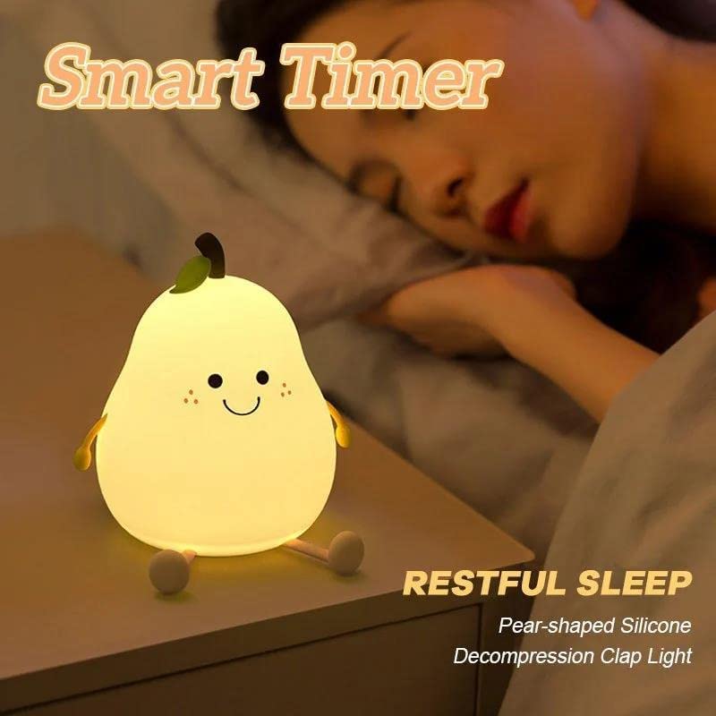 Emcgicc 7 Colors Cute LED Pear-Shaped Fruit Night Light, Silicone Decompression Clap Light with Rechargeable Lithium Battery, Colorful Light Color for Children's Rooms Babies Bedside Lamp (Pear)