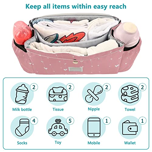 Sinestour Pink Hearts Stroller Organizer with Cup Holder Universal Stroller Organizer Bag Detachable Shoulder Strap Stroller Accessories for Diaper Toys Phone Keys Fit All Baby Stroller