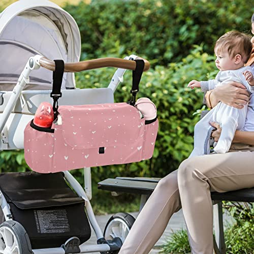 Sinestour Pink Hearts Stroller Organizer with Cup Holder Universal Stroller Organizer Bag Detachable Shoulder Strap Stroller Accessories for Diaper Toys Phone Keys Fit All Baby Stroller