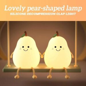 Emcgicc 7 Colors Cute LED Pear-Shaped Fruit Night Light, Silicone Decompression Clap Light with Rechargeable Lithium Battery, Colorful Light Color for Children's Rooms Babies Bedside Lamp (Pear)