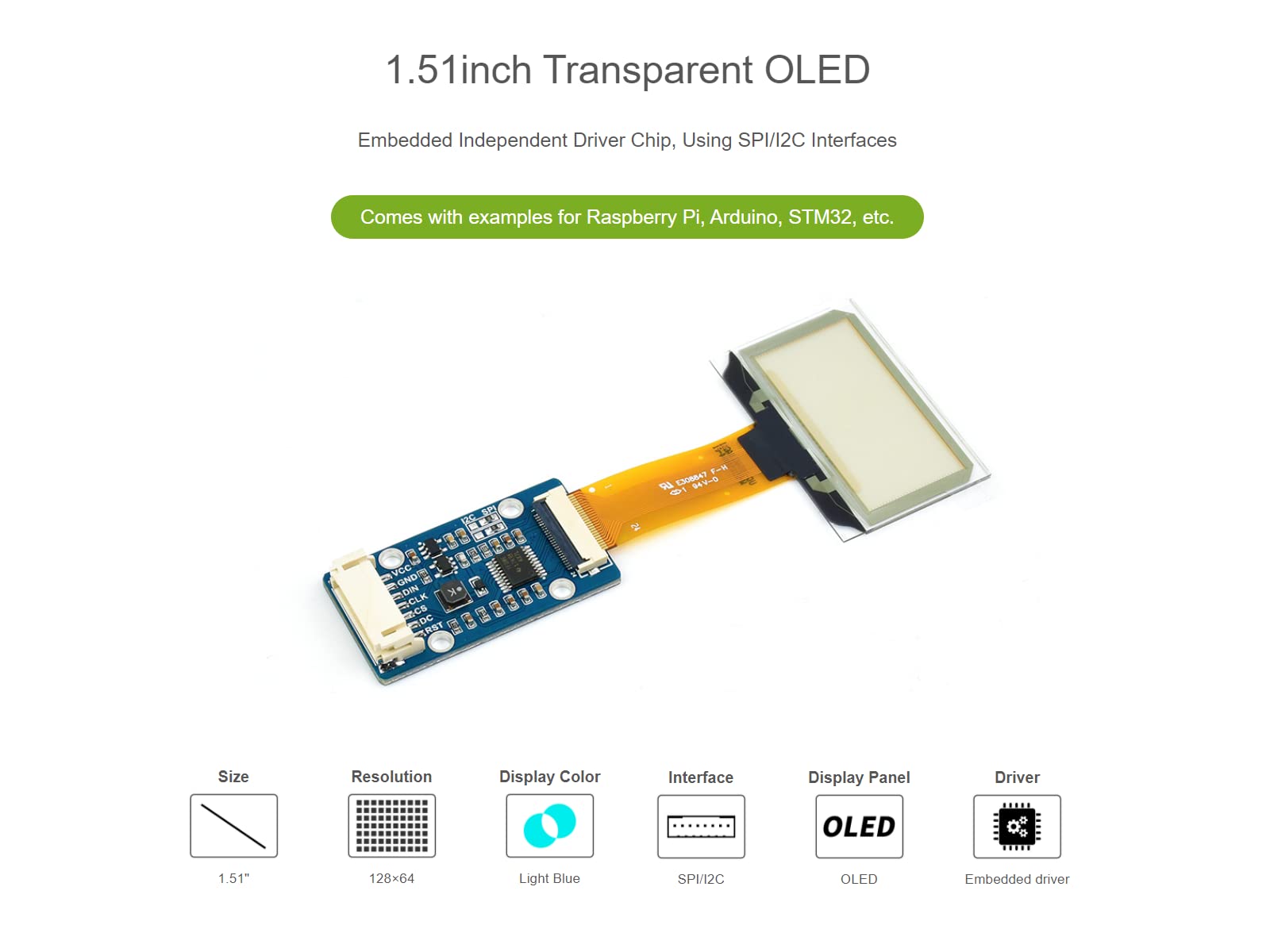 1.51inch Transparent OLED Display Module 128×64 Resolution Light Blue Color Display OLED for Raspberry Pi/Arduino/STM32,Full Viewing Angle,Embedded Independent Driver Chip,SPI/I2C Interfaces