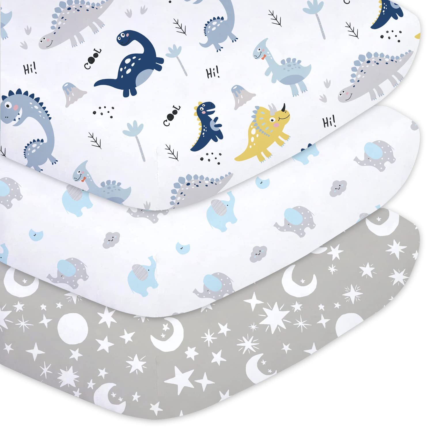 Plushii Crib Sheets for Baby Boys 3 Pack, 28"x 52" Extra Soft Microfiber Crib Sheet Set for Baby Crib Mattress Sheet & Toddler Mattress Pad, Dinosaur & Elephant & Stars