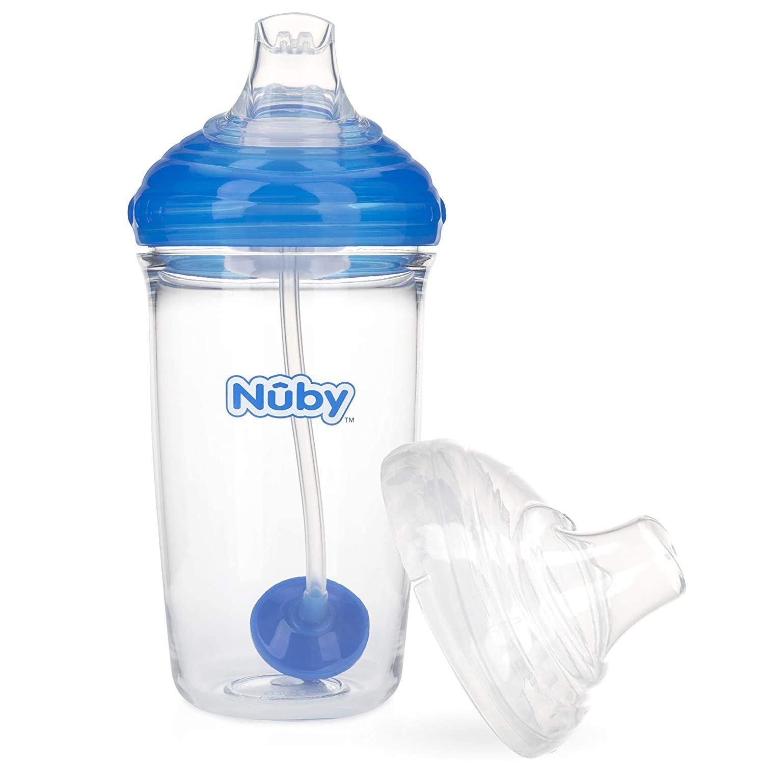 Nuby Tritan No-Spill Trainer Cup with Silicone Spout & 360 Weighted Straw with Hygienic Cover, 2 Pack (Blue, Gray)