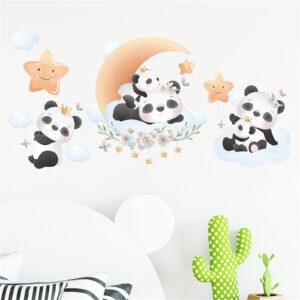 Cute Panda & Moon Wall Decals,Peel and Stick Removable Animal Wall Stickers for Kids Children Bedroom Nursery Home(11.8x35.4in)