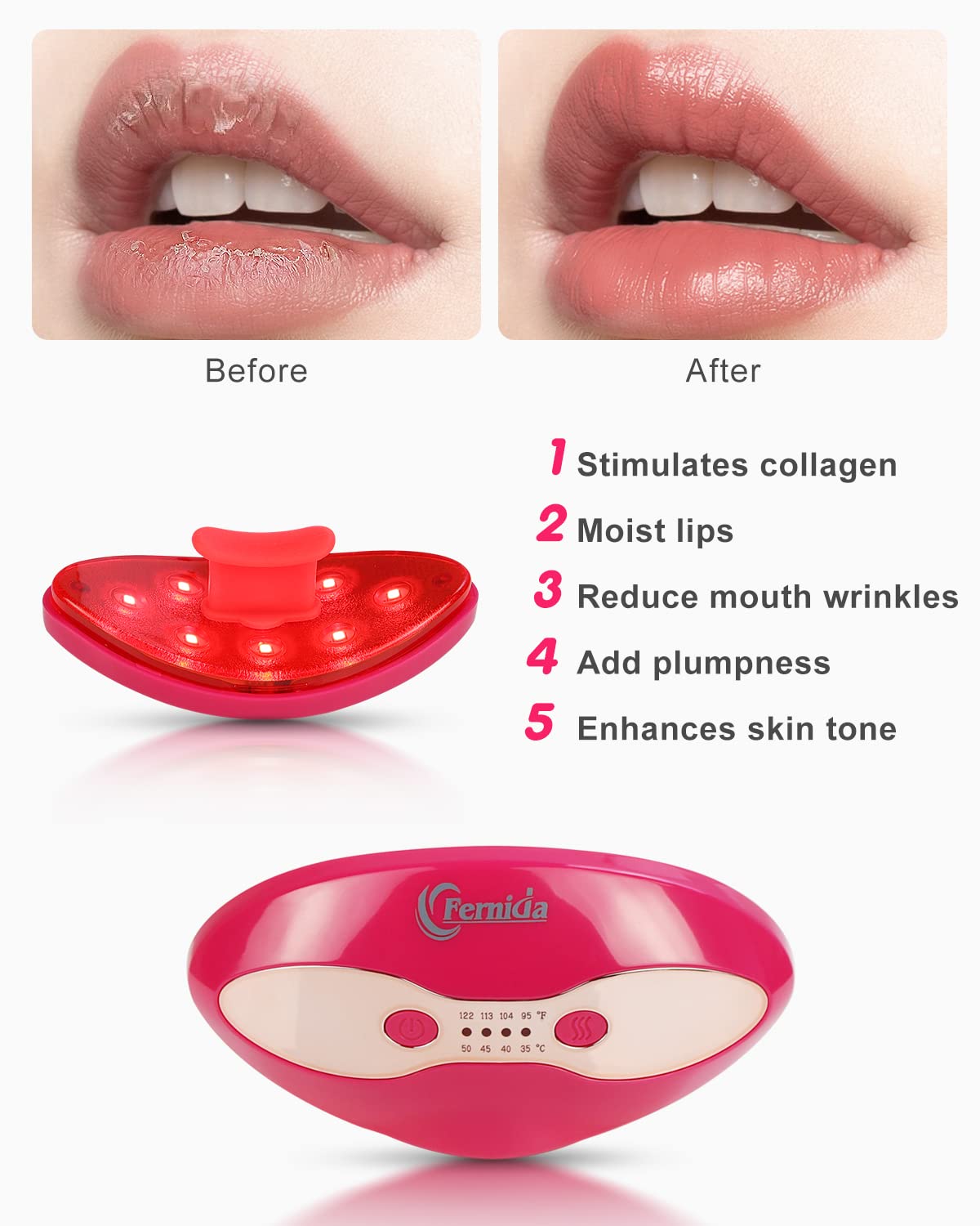 FERNIDA Red Light Device, 2 in 1 Lip and Eye Care Tool with Heated for Anti-Aging, Smooth Lip Wrinkles, Lip Plumper and Reduce Dark Circles,4 Levels Heating Temps, Red