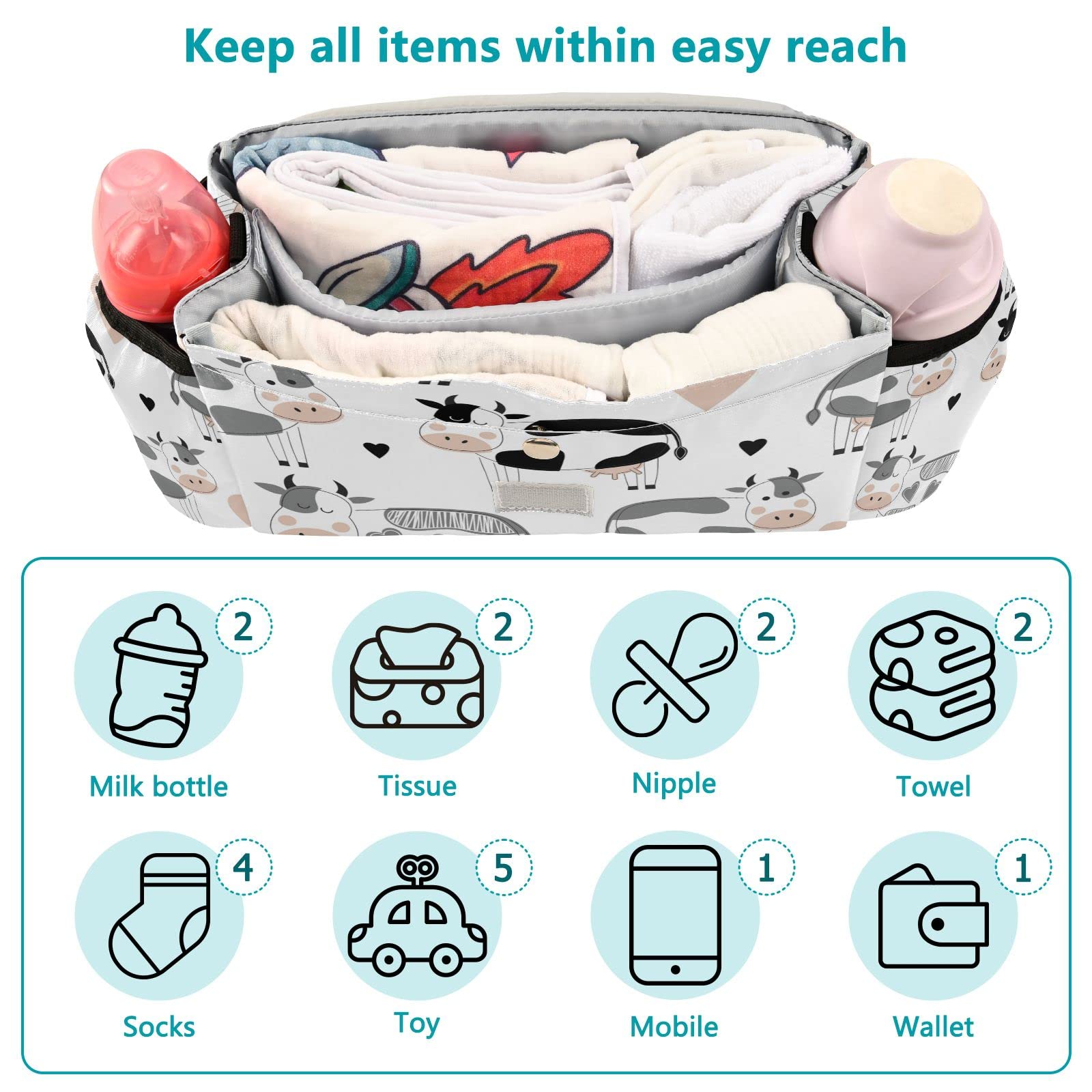 Sinestour Cute Cows Stroller Organizer with Cup Holder Universal Stroller Organizer Bag Detachable Shoulder Strap Stroller Accessories for Diaper Keys Phone Toys Fit All Baby Stroller