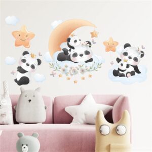 cute panda & moon wall decals,peel and stick removable animal wall stickers for kids children bedroom nursery home(11.8x35.4in)