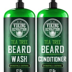 Viking Revolution Tea Tree Oil Beard Wash and Beard Conditioner For Men - Natural Beard Softener Set with Argan Oil, Vitamin E and Ginseng - Beard Shampoo and Conditioner Set (17 Oz)