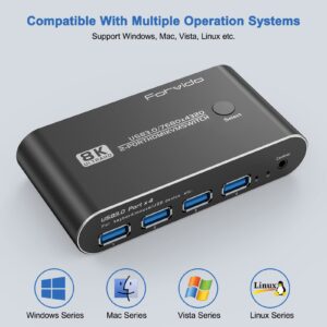 Forvido USB 3.0 HDMI KVM Switch 2 Port 8K@60Hz 4K@120/144Hz, 2 Computers Sharing 1 Monitor Keyboard Mouse Peripherals Selector