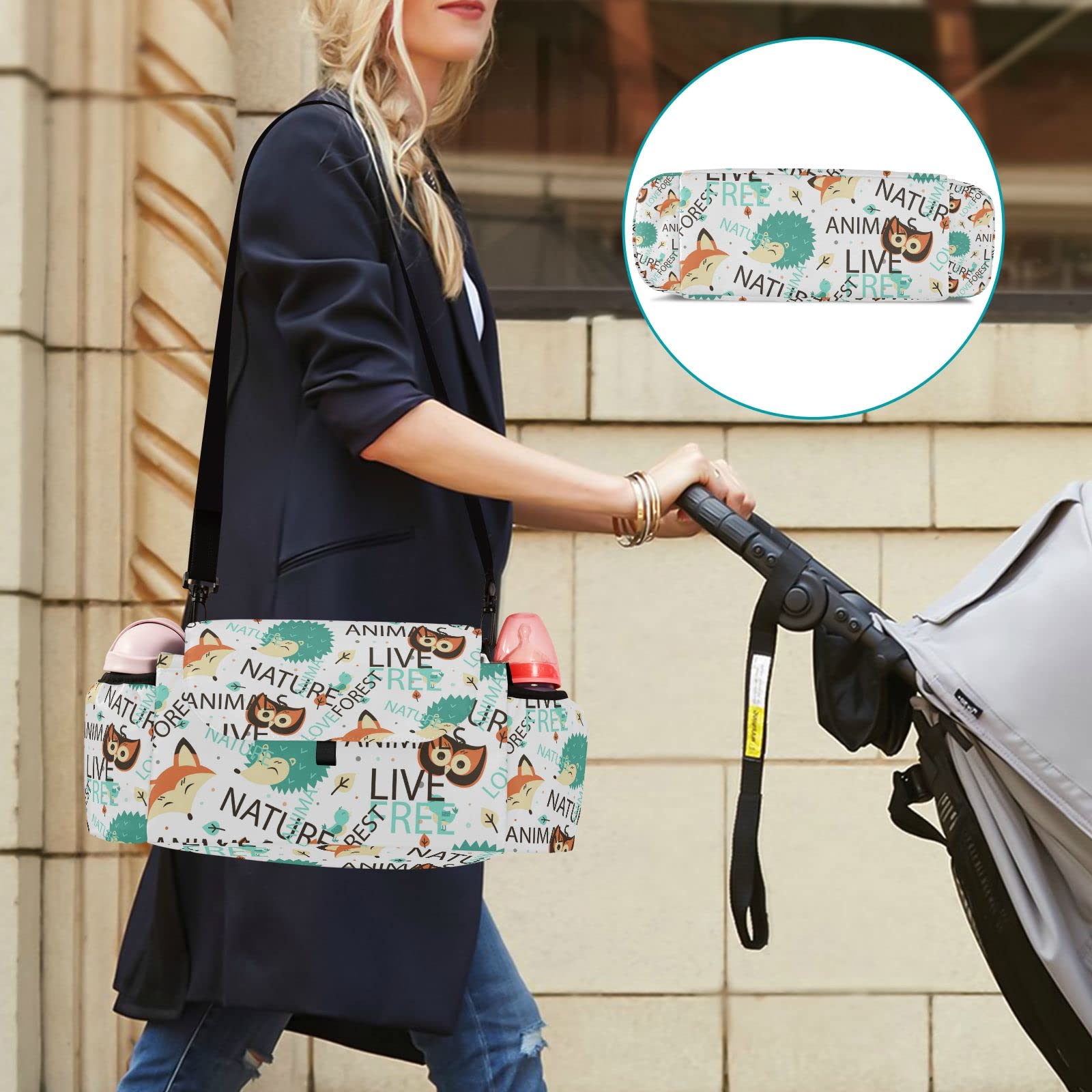 Cute Fox Hedgehog Stroller Organizer with Cup Holder Universal Stroller Organizer Bag Detachable Shoulder Strap Stroller Accessories for Diaper Snacks Toys Keys Fit All Baby Stroller