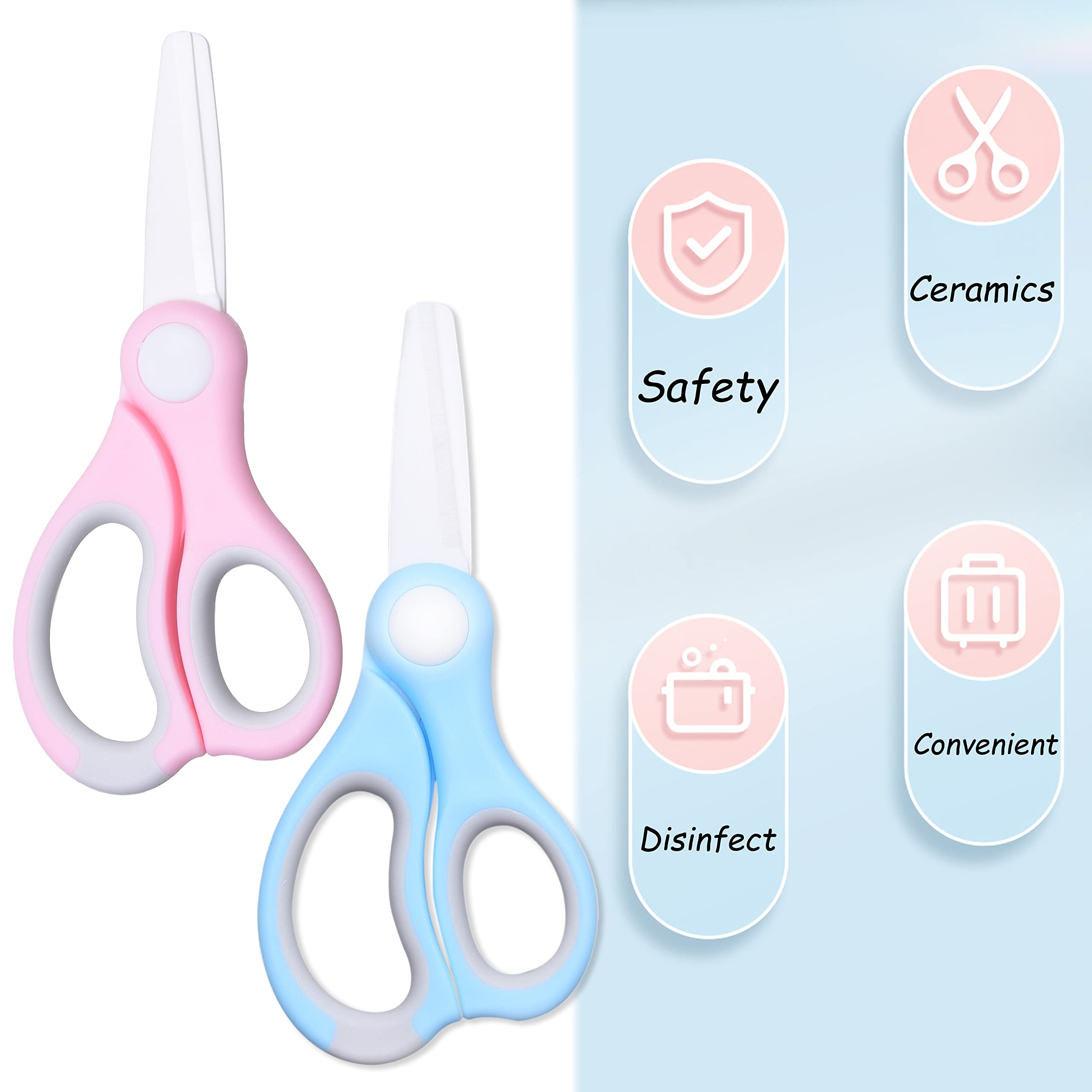 Kare & Kind 2x Ceramic Baby Food Scissors - Blue/Pink - With Dust Cover and Storage Case - Cut Baby Food Easily - Ideal for Noodles, Meat, Chicken, Veggies and Fruits (Blue & Pink - 2 pack)