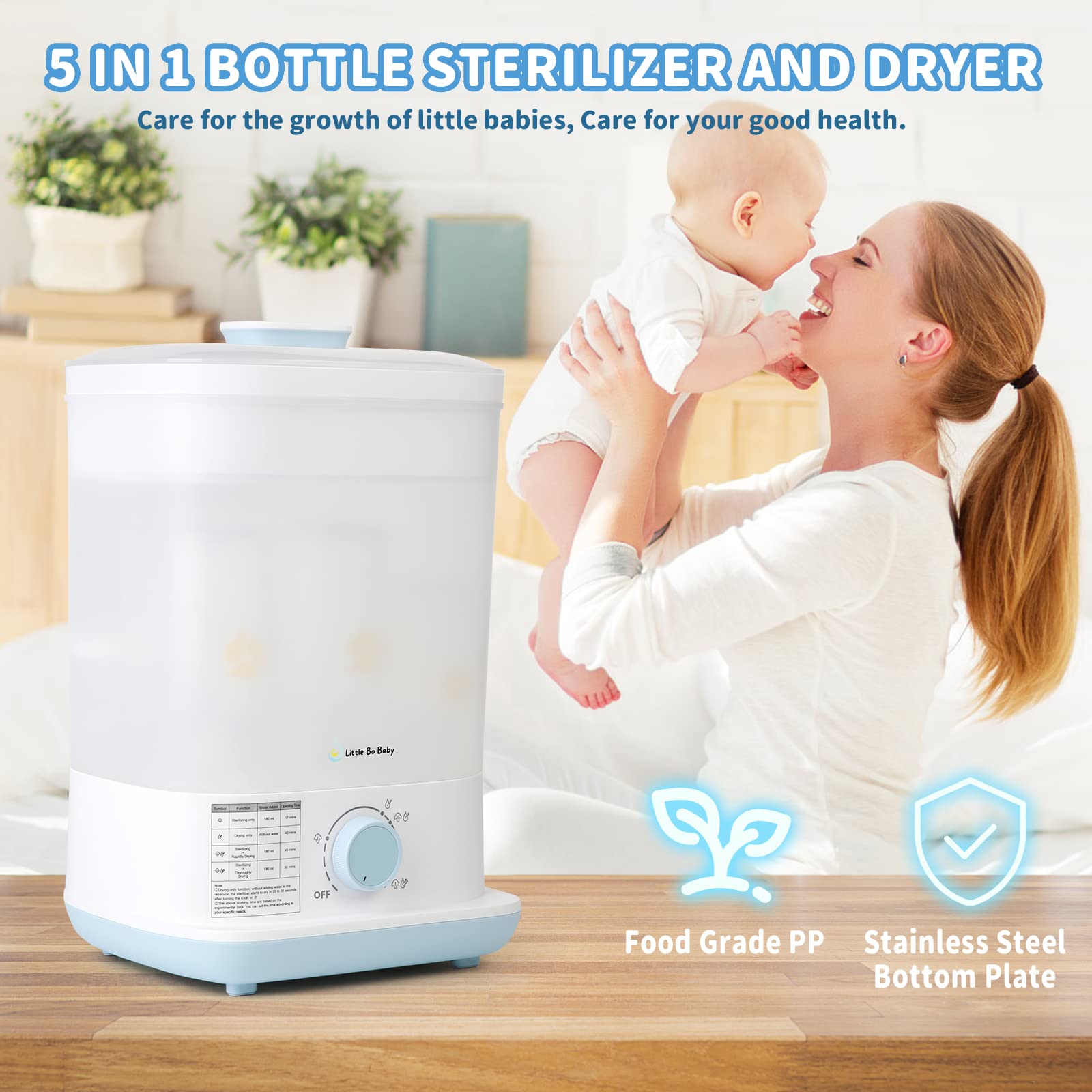 Bottle Steamer and Dryer, Little Bo Baby Bottle Steamer and Dryer, 5-in-1 Electric Steamer and Dryer, Safe and Easy One-Dial Control Steamer