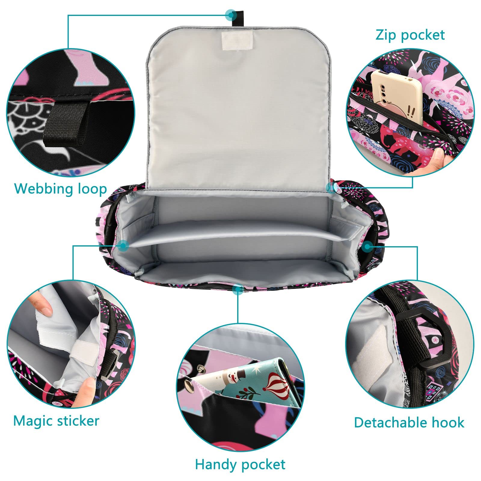 Sinestour Beautiful Elephants Stroller Organizer with Cup Holder Universal Stroller Organizer Bag Detachable Shoulder Strap Stroller Accessories for Diaper Toys Phone Keys Fit All Baby Stroller