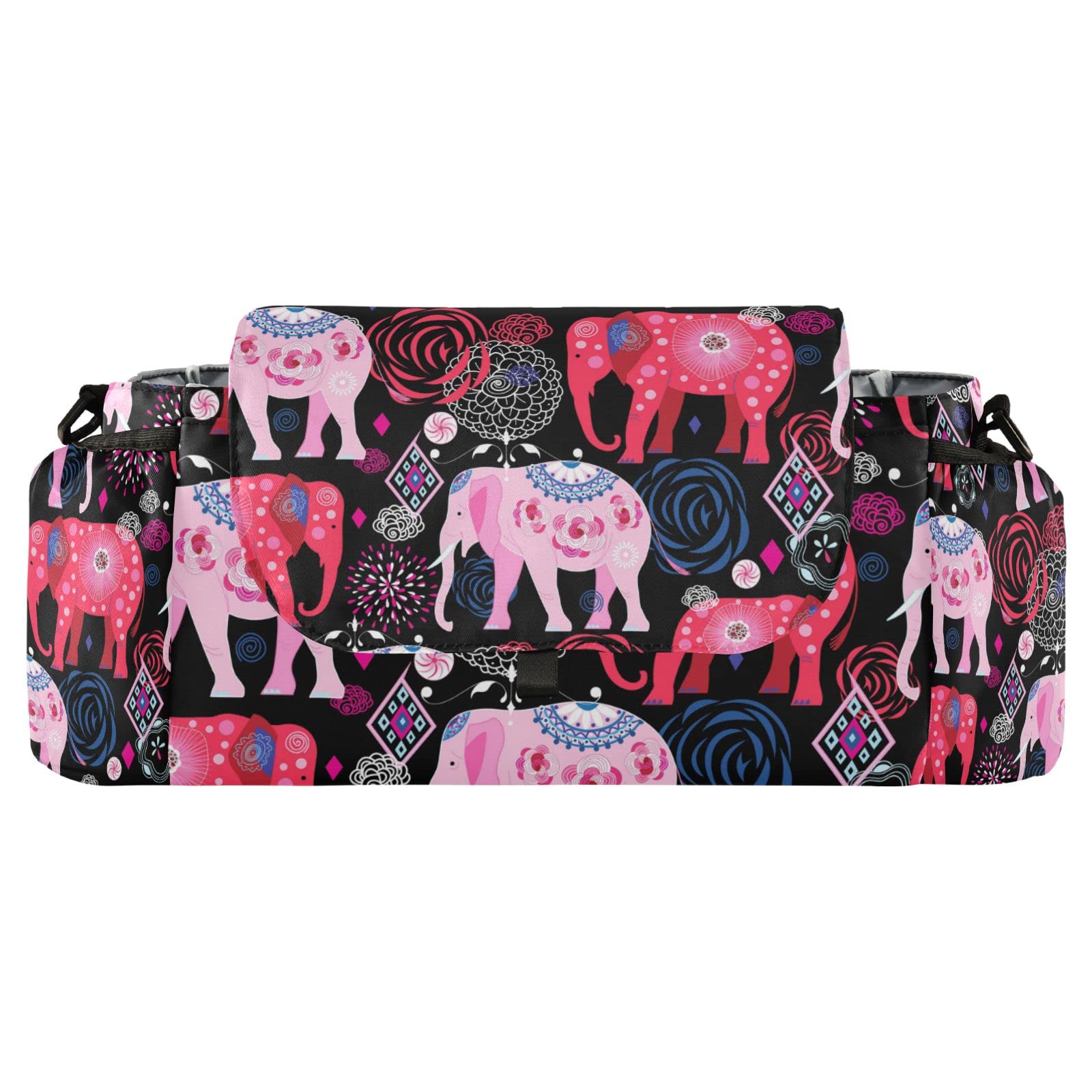 Sinestour Beautiful Elephants Stroller Organizer with Cup Holder Universal Stroller Organizer Bag Detachable Shoulder Strap Stroller Accessories for Diaper Toys Phone Keys Fit All Baby Stroller