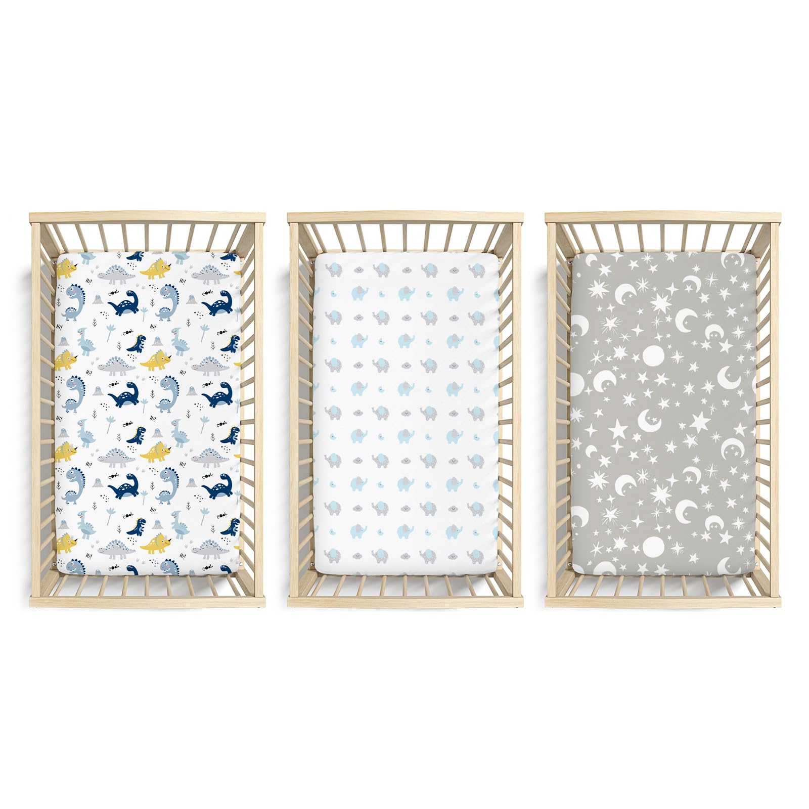 Plushii Crib Sheets for Baby Boys 3 Pack, 28"x 52" Extra Soft Microfiber Crib Sheet Set for Baby Crib Mattress Sheet & Toddler Mattress Pad, Dinosaur & Elephant & Stars