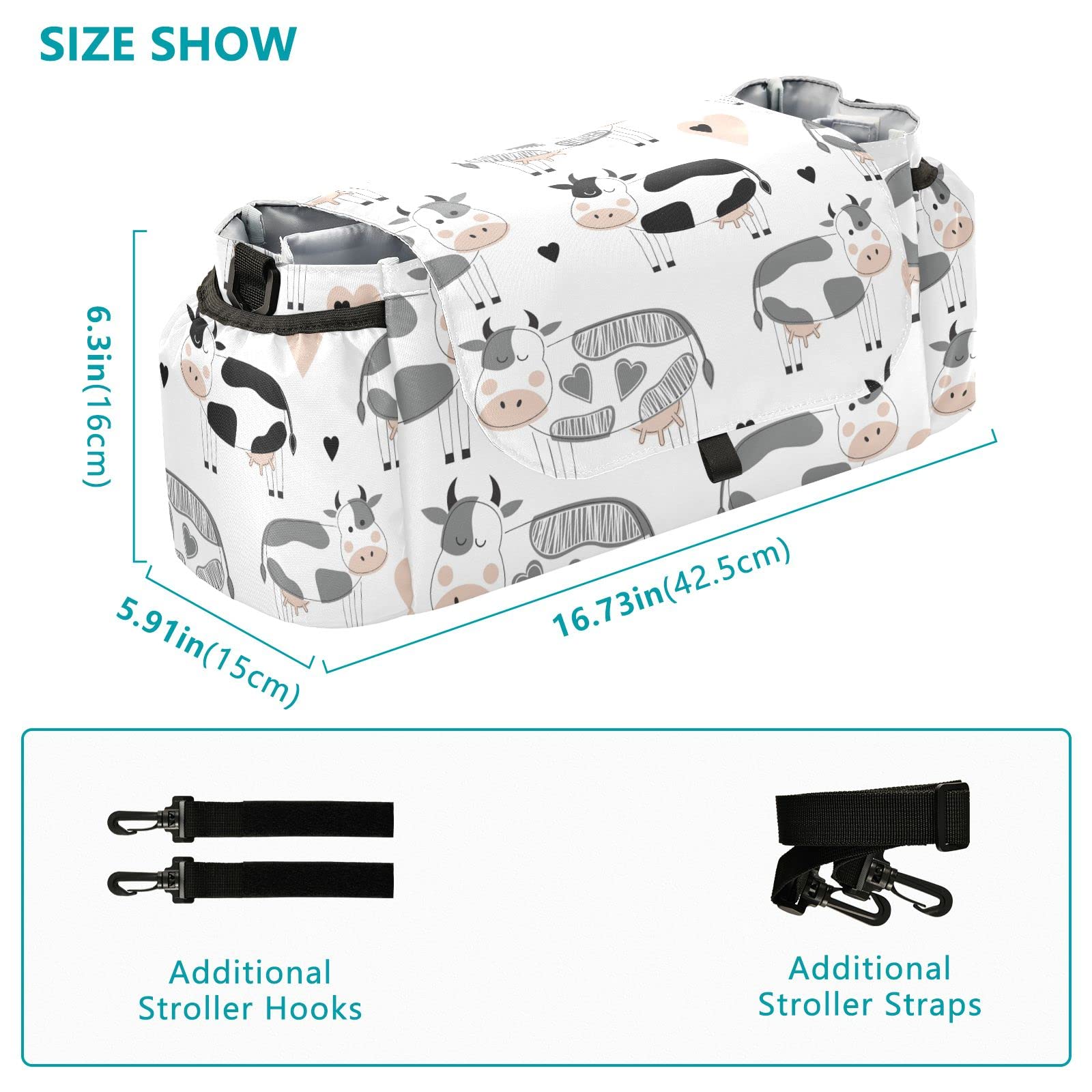 Sinestour Cute Cows Stroller Organizer with Cup Holder Universal Stroller Organizer Bag Detachable Shoulder Strap Stroller Accessories for Diaper Keys Phone Toys Fit All Baby Stroller