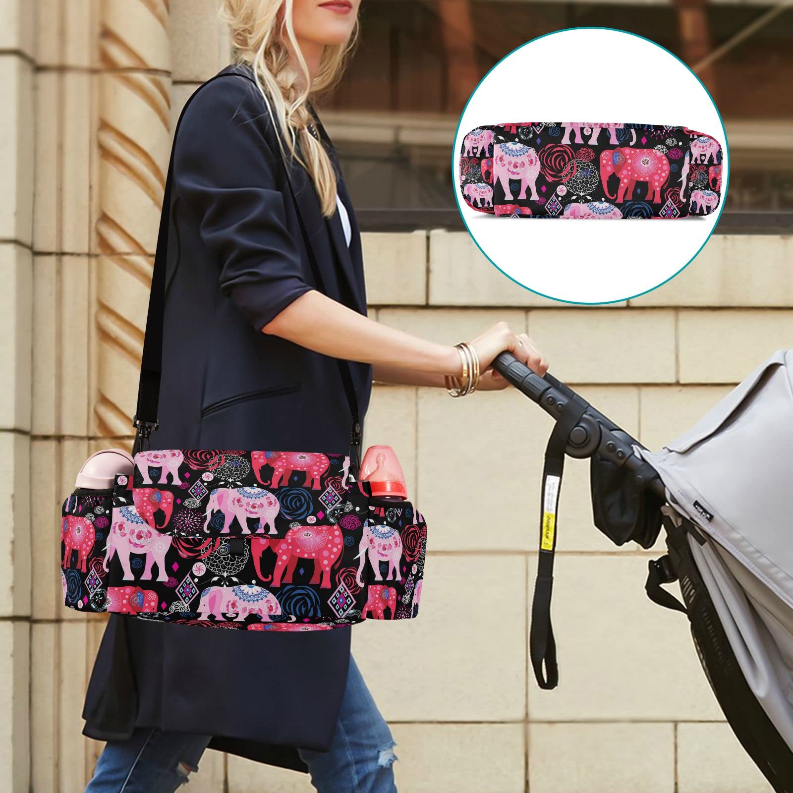 Sinestour Beautiful Elephants Stroller Organizer with Cup Holder Universal Stroller Organizer Bag Detachable Shoulder Strap Stroller Accessories for Diaper Toys Phone Keys Fit All Baby Stroller