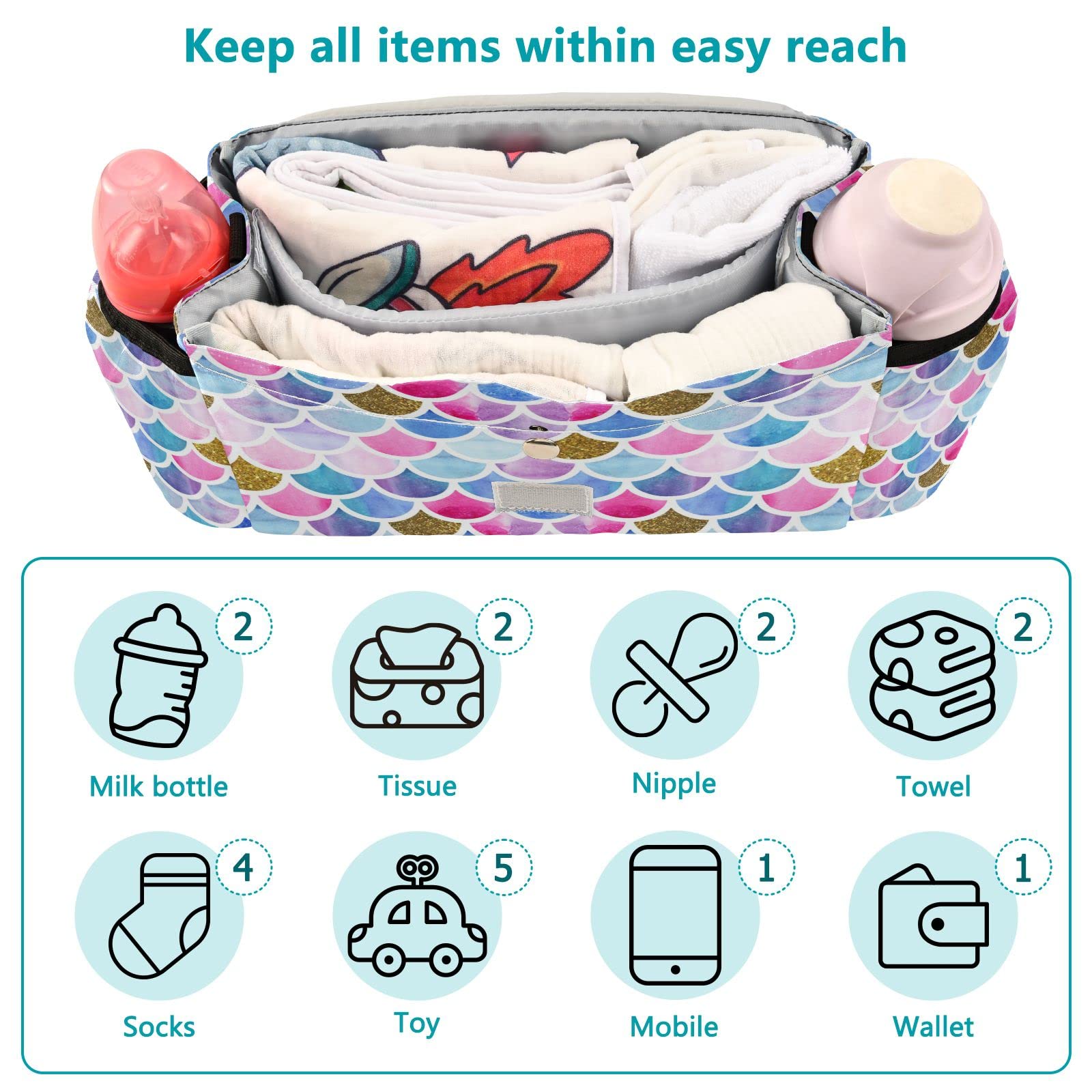 Sinestour Glitter Mermaid Stroller Organizer with Cup Holder Universal Stroller Organizer Bag Detachable Shoulder Strap Stroller Accessories for Diaper Toys Snacks Keys Fit All Baby Stroller