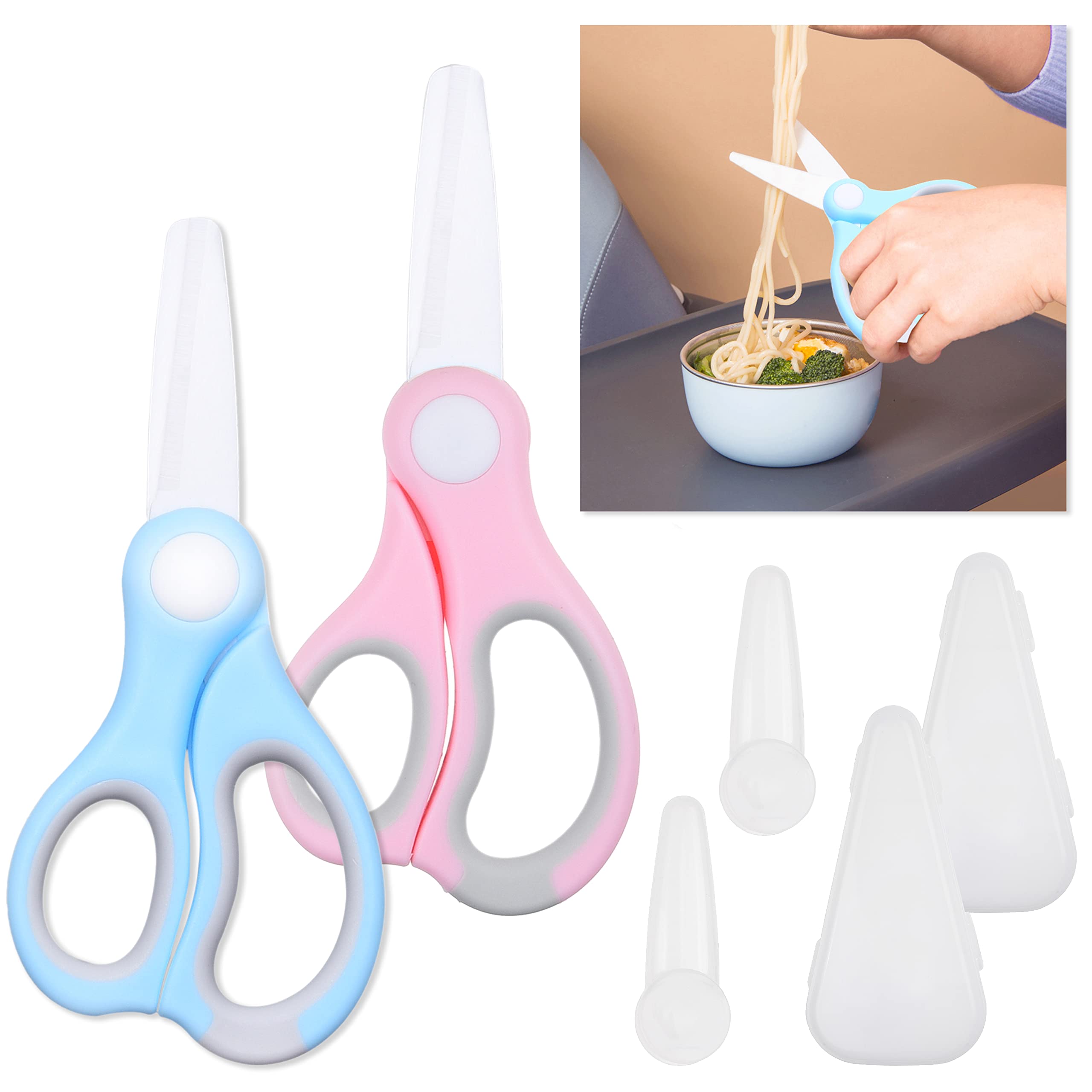 Kare & Kind 2x Ceramic Baby Food Scissors - Blue/Pink - With Dust Cover and Storage Case - Cut Baby Food Easily - Ideal for Noodles, Meat, Chicken, Veggies and Fruits (Blue & Pink - 2 pack)